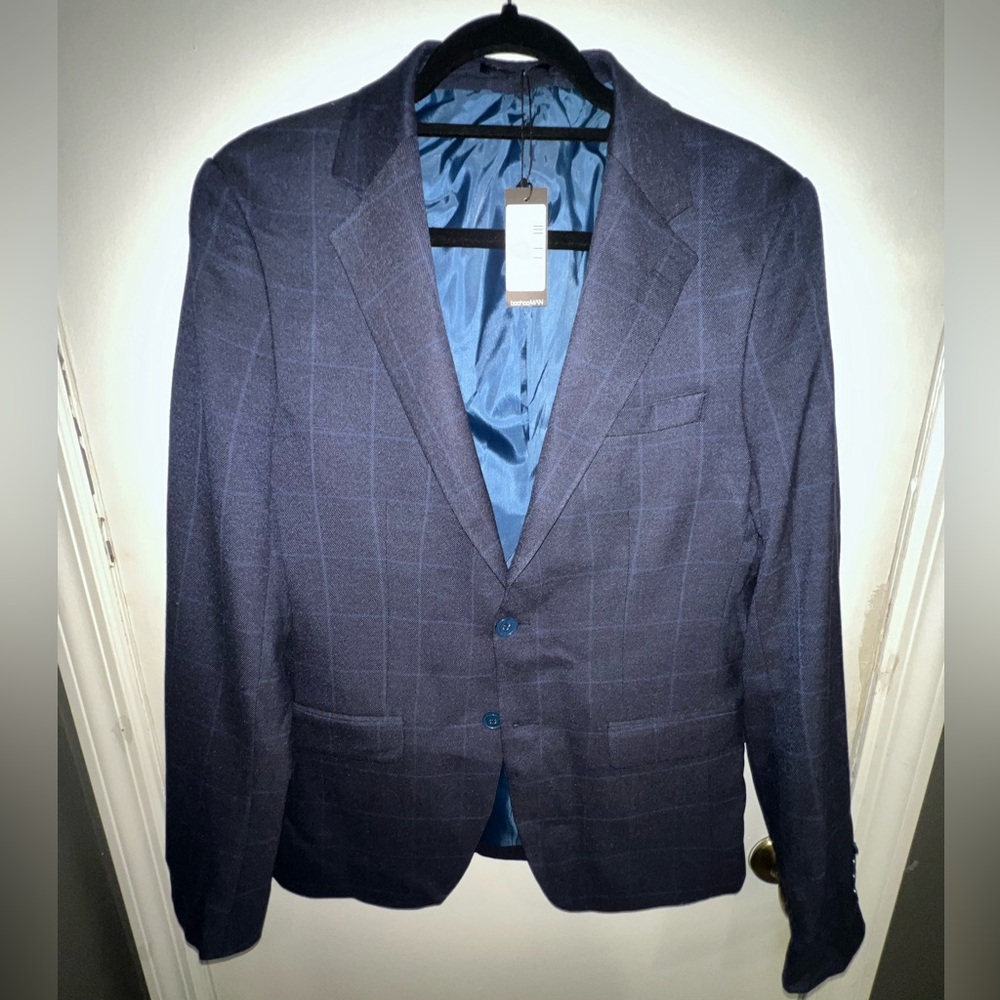 Slim Single Breasted Windowpane Suit Jacket